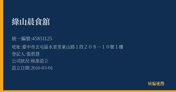 綠山晨食舘的照片-統編 45851125(臺中市) 公司登記資料與營業項目詳細圖表