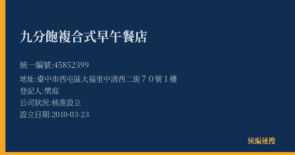 九分飽複合式早午餐店的照片-統編 45852399(臺中市) 公司登記資料與營業項目詳細圖表