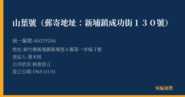 山葉號(郵寄地址:新埔鎮成功街130號)的照片-統編 46029206(新竹縣) 公司登記資料與營業項目詳細圖表