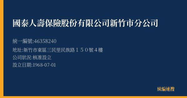 國泰人壽保險股份有限公司新竹市分公司的照片-統編 46358240(新竹市) 公司登記資料與營業項目詳細圖表