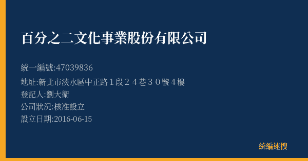 百分之二文化事業股份有限公司的照片-統編 47039836(新北市) 公司登記資料與營業項目詳細圖表