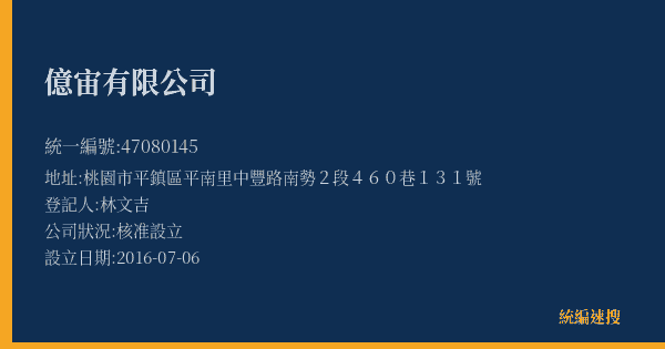 億宙有限公司的照片-統編 47080145(桃園市) 公司登記資料與營業項目詳細圖表