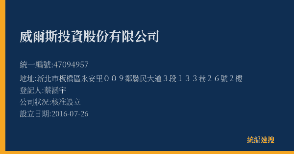 威爾斯投資股份有限公司的照片-統編 47094957(新北市) 公司登記資料與營業項目詳細圖表