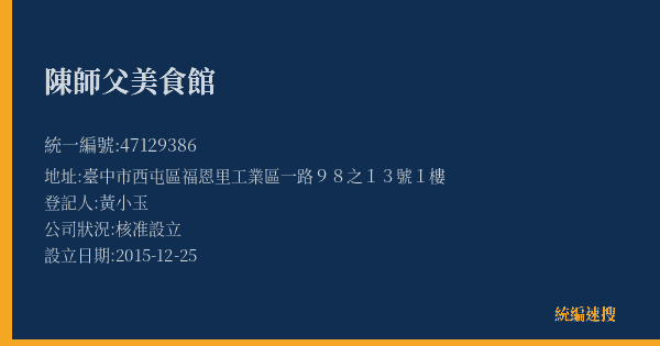 陳師父美食館的照片-統編 47129386(臺中市) 公司登記資料與營業項目詳細圖表