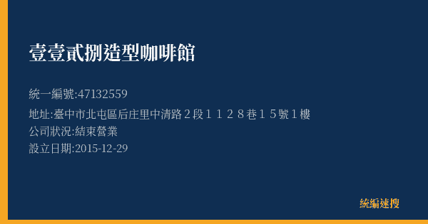 壹壹貳捌造型咖啡館的照片-統編 47132559(臺中市) 公司登記資料與營業項目詳細圖表