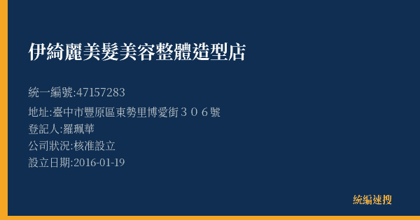 伊綺麗美髮美容整體造型店的照片-統編 47157283(臺中市) 公司登記資料與營業項目詳細圖表