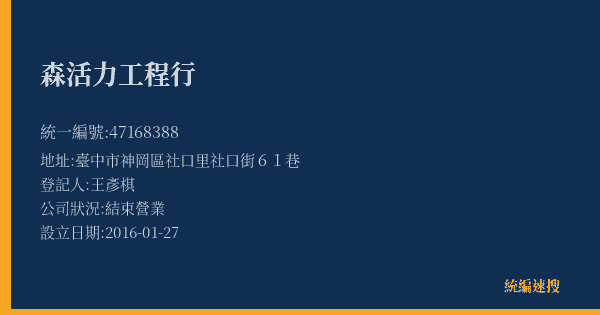 森活力工程行的照片-統編 47168388(臺中市) 公司登記資料與營業項目詳細圖表