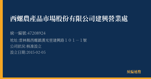 西螺農產品市場股份有限公司建興營業處的照片-統編 47208924(雲林縣) 公司登記資料與營業項目詳細圖表