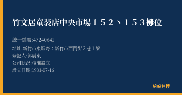 竹文居童裝店中央市場152丶153攤位的照片-統編 47240641(新竹市) 公司登記資料與營業項目詳細圖表