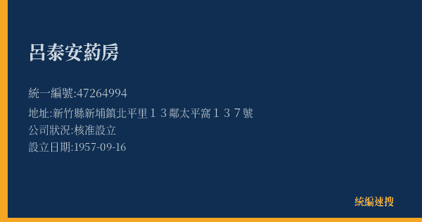 呂泰安葯房的照片-統編 47264994(新竹縣) 公司登記資料與營業項目詳細圖表