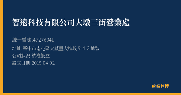 智遠科技有限公司大墩三街營業處的照片-統編 47276041(臺中市) 公司登記資料與營業項目詳細圖表