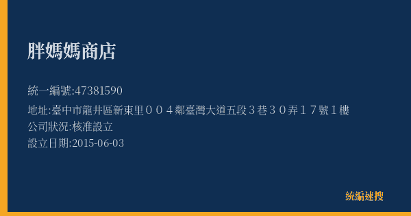 胖媽媽商店的照片-統編 47381590(臺中市) 公司登記資料與營業項目詳細圖表
