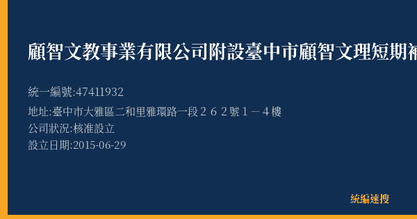 顧智文教事業有限公司附設臺中市顧智文理短期補習班的照片-統編 47411932(臺中市) 公司登記資料與營業項目詳細圖表