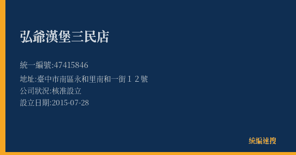 弘爺漢堡三民店的照片-統編 47415846(臺中市) 公司登記資料與營業項目詳細圖表