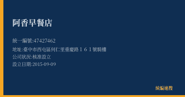 阿香早餐店的照片-統編 47427462(臺中市) 公司登記資料與營業項目詳細圖表