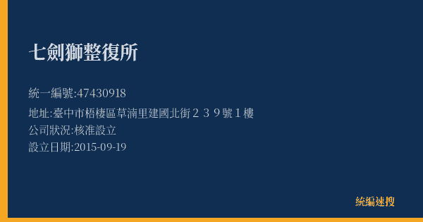 七劍獅整復所的照片-統編 47430918(臺中市) 公司登記資料與營業項目詳細圖表