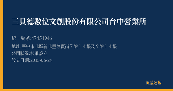三貝德數位文創股份有限公司台中營業所的照片-統編 47454946(臺中市) 公司登記資料與營業項目詳細圖表