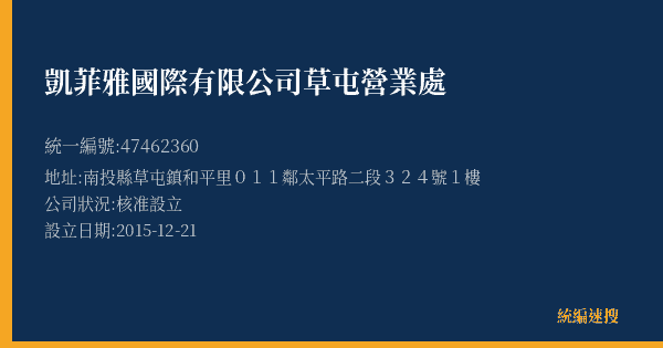 凱菲雅國際有限公司草屯營業處的照片-統編 47462360(南投縣) 公司登記資料與營業項目詳細圖表