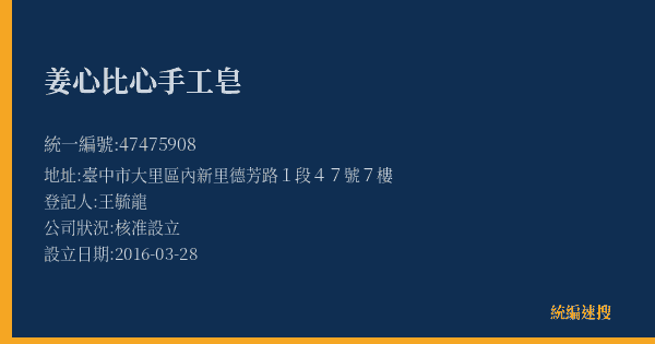 姜心比心手工皂的照片-統編 47475908(臺中市) 公司登記資料與營業項目詳細圖表