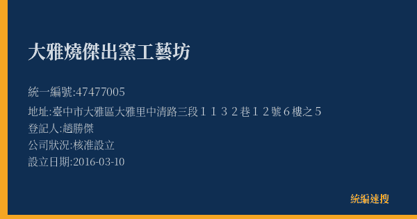 大雅燒傑出窯工藝坊的照片-統編 47477005(臺中市) 公司登記資料與營業項目詳細圖表