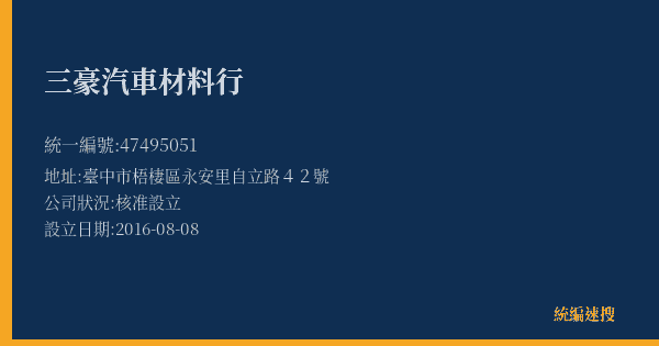 三豪汽車材料行的照片-統編 47495051(臺中市) 公司登記資料與營業項目詳細圖表