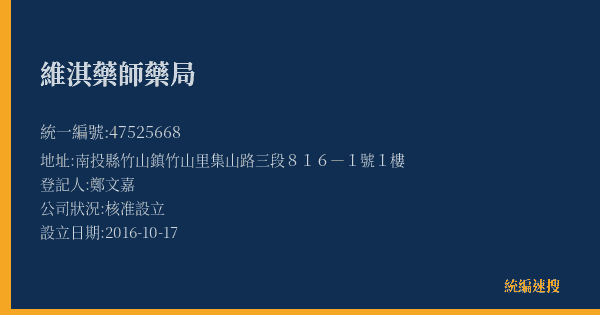 維淇藥師藥局的照片-統編 47525668(南投縣) 公司登記資料與營業項目詳細圖表