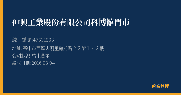伸興工業股份有限公司科博館門市的照片-統編 47531508(臺中市) 公司登記資料與營業項目詳細圖表