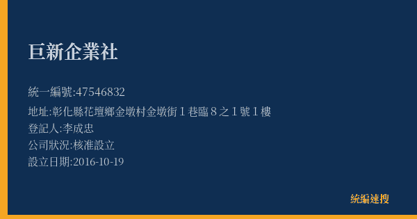巨新企業社的照片-統編 47546832(彰化縣) 公司登記資料與營業項目詳細圖表