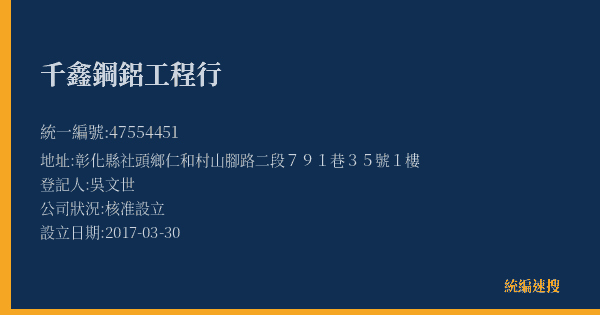 千鑫鋼鋁工程行的照片-統編 47554451(彰化縣) 公司登記資料與營業項目詳細圖表