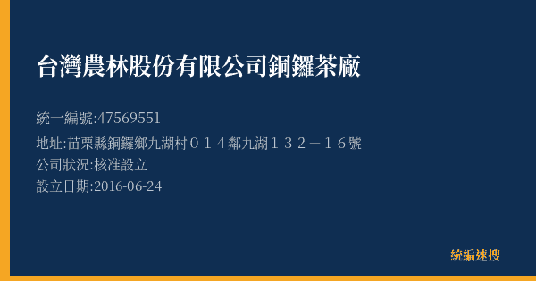 台灣農林股份有限公司銅鑼茶廠的照片-統編 47569551(苗栗縣) 公司登記資料與營業項目詳細圖表
