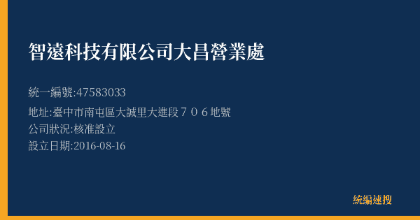 智遠科技有限公司大昌營業處的照片-統編 47583033(臺中市) 公司登記資料與營業項目詳細圖表