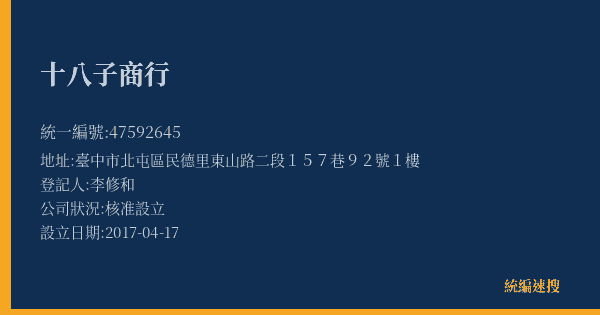 十八子商行的照片-統編 47592645(臺中市) 公司登記資料與營業項目詳細圖表