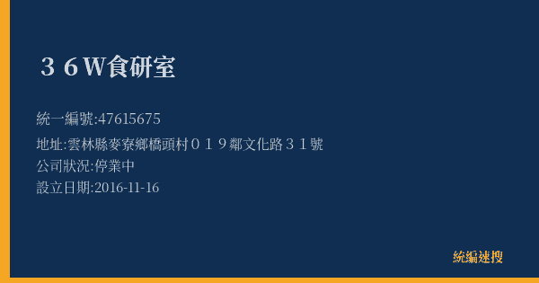 36W食研室的照片-統編 47615675(雲林縣) 公司登記資料與營業項目詳細圖表