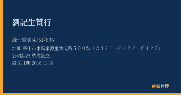 劉記生薑行的照片-統編 47617836(臺中市) 公司登記資料與營業項目詳細圖表