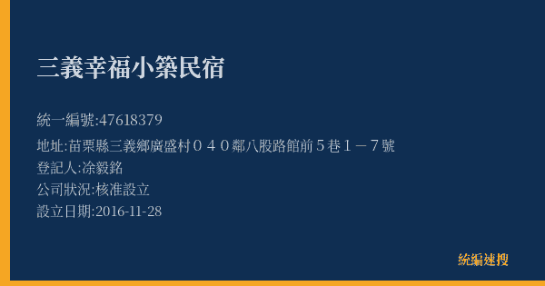 三義幸福小築民宿的照片-統編 47618379(苗栗縣) 公司登記資料與營業項目詳細圖表