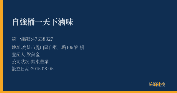 自強桶一天下滷味的照片-統編 47638327(高雄市) 公司登記資料與營業項目詳細圖表