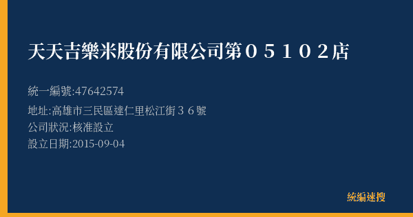 天天吉樂米股份有限公司第05102店的照片-統編 47642574(高雄市) 公司登記資料與營業項目詳細圖表
