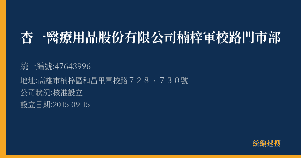 杏一醫療用品股份有限公司楠梓軍校路門市部的照片-統編 47643996(高雄市) 公司登記資料與營業項目詳細圖表