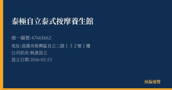 泰極自立泰式按摩養生館的照片-統編 47661662(高雄市) 公司登記資料與營業項目詳細圖表