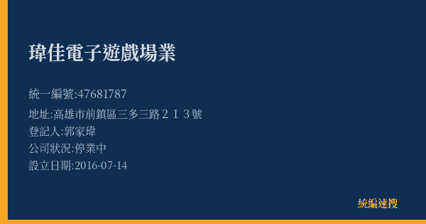 瑋佳電子遊戲場業的照片-統編 47681787(高雄市) 公司登記資料與營業項目詳細圖表