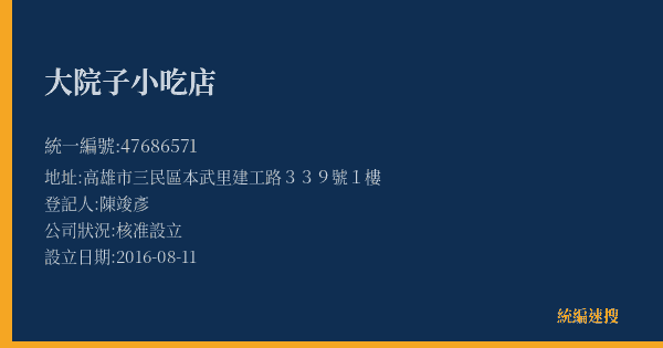 大院子小吃店的照片-統編 47686571(高雄市) 公司登記資料與營業項目詳細圖表