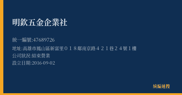 明欽五金企業社的照片-統編 47689726(高雄市) 公司登記資料與營業項目詳細圖表