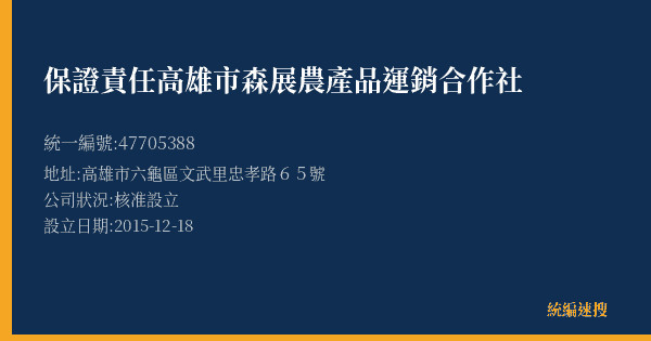 保證責任高雄市森展農產品運銷合作社的照片-統編 47705388(高雄市) 公司登記資料與營業項目詳細圖表
