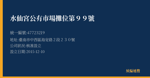 水仙宮公有市場攤位第99號的照片-統編 47723219(臺南市) 公司登記資料與營業項目詳細圖表