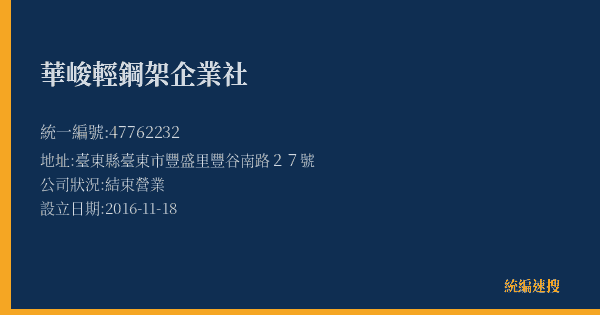 華峻輕鋼架企業社的照片-統編 47762232(臺東縣) 公司登記資料與營業項目詳細圖表