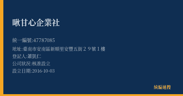 啾甘心企業社的照片-統編 47787085(臺南市) 公司登記資料與營業項目詳細圖表
