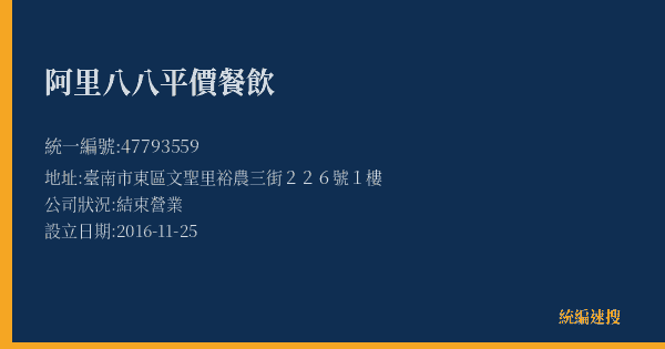 阿里八八平價餐飲的照片-統編 47793559(臺南市) 公司登記資料與營業項目詳細圖表