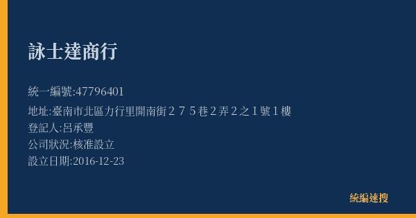 詠士達商行的照片-統編 47796401(臺南市) 公司登記資料與營業項目詳細圖表
