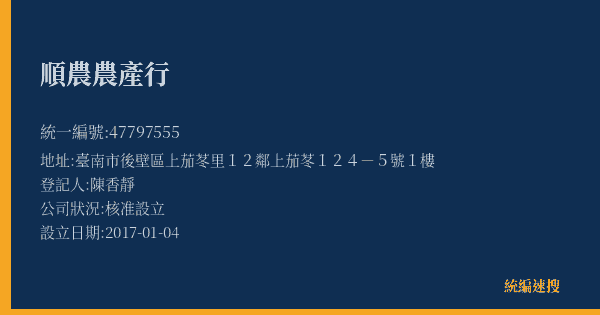 順農農產行的照片-統編 47797555(臺南市) 公司登記資料與營業項目詳細圖表