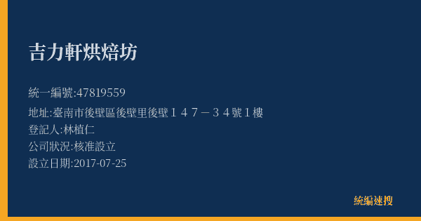 吉力軒烘焙坊的照片-統編 47819559(臺南市) 公司登記資料與營業項目詳細圖表